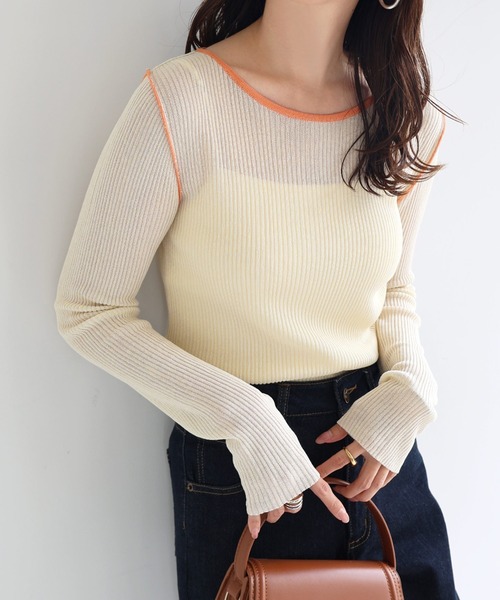 andme(アンドミー)の「シアーバイカラー長袖ニットトップス(ニット/セーター・レディース・ブラウン/ブラック×ホワイト/アイボリー/グレー・M)」の8枚目の写真