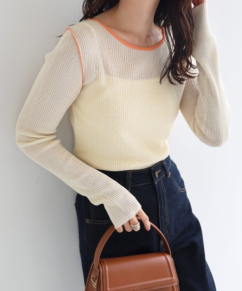 andme(アンドミー)の「シアーバイカラー長袖ニットトップス(ニット/セーター・レディース・ブラウン/ブラック×ホワイト/アイボリー/グレー・M)」の11枚目の写真