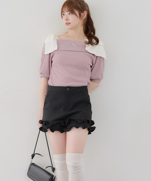 continuer de NICE CLAUP（コンティニューデナイスクラップ）の「リブ肩リボンオフショル（Tシャツ/カットソー・レディース・ブラック/オフホワイト/ピンク・FREE）」の9枚目の写真