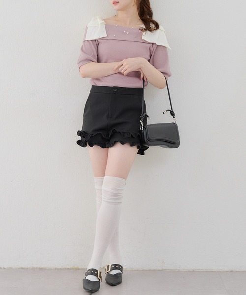 continuer de NICE CLAUP（コンティニューデナイスクラップ）の「リブ肩リボンオフショル（Tシャツ/カットソー・レディース・ブラック/オフホワイト/ピンク・FREE）」の10枚目の写真