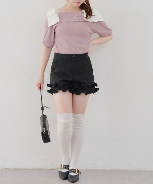continuer de NICE CLAUP（コンティニューデナイスクラップ）の「リブ肩リボンオフショル（Tシャツ/カットソー・レディース・ブラック/オフホワイト/ピンク・FREE）」の11枚目の写真