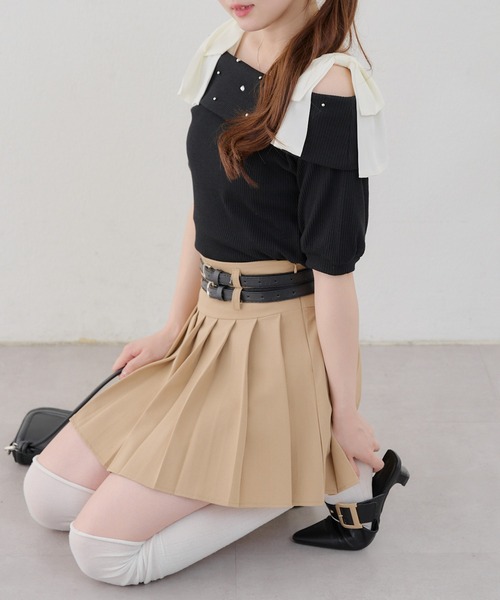 continuer de NICE CLAUP（コンティニューデナイスクラップ）の「リブ肩リボンオフショル（Tシャツ/カットソー・レディース・ブラック/オフホワイト/ピンク・FREE）」の12枚目の写真