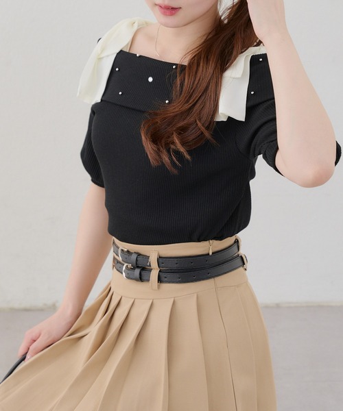 continuer de NICE CLAUP（コンティニューデナイスクラップ）の「リブ肩リボンオフショル（Tシャツ/カットソー・レディース・ブラック/オフホワイト/ピンク・FREE）」の13枚目の写真