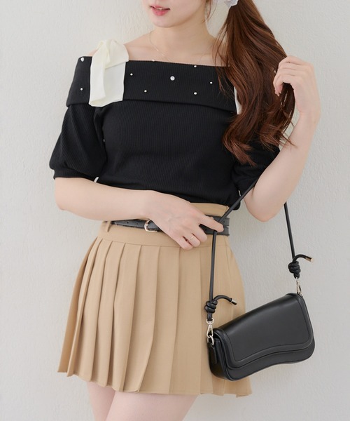 continuer de NICE CLAUP（コンティニューデナイスクラップ）の「リブ肩リボンオフショル（Tシャツ/カットソー・レディース・ブラック/オフホワイト/ピンク・FREE）」の14枚目の写真