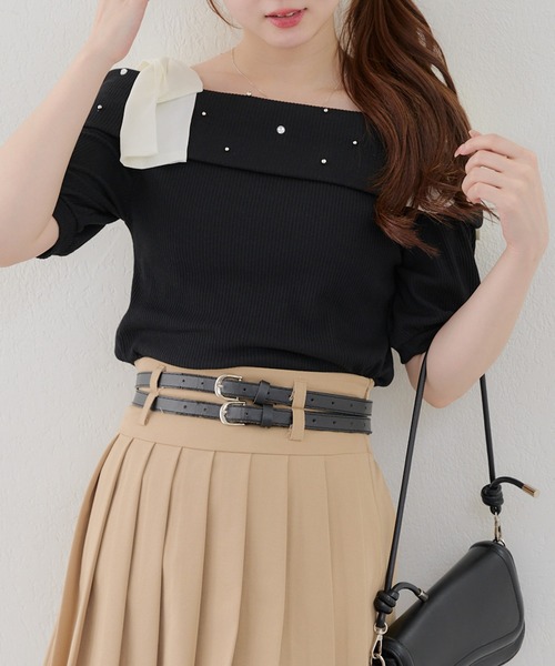 continuer de NICE CLAUP（コンティニューデナイスクラップ）の「リブ肩リボンオフショル（Tシャツ/カットソー・レディース・ブラック/オフホワイト/ピンク・FREE）」の15枚目の写真