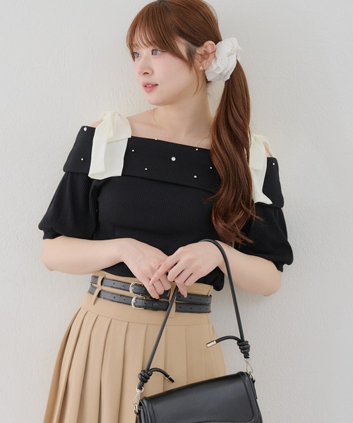 continuer de NICE CLAUP（コンティニューデナイスクラップ）の「リブ肩リボンオフショル（Tシャツ/カットソー・レディース・ブラック/オフホワイト/ピンク・FREE）」の16枚目の写真
