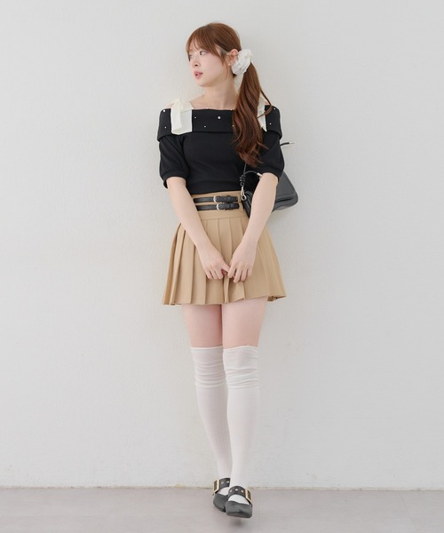 continuer de NICE CLAUP（コンティニューデナイスクラップ）の「リブ肩リボンオフショル（Tシャツ/カットソー・レディース・ブラック/オフホワイト/ピンク・FREE）」の22枚目の写真