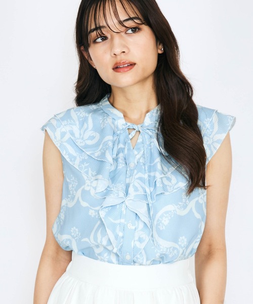 QUEENS COURT / クイーンズコート ドットボウリボンフリルネックプルブラウス≪洗濯機で洗える≫ セール】リボンフラワーフリルブラウス≪手洗い可能≫（シャツ