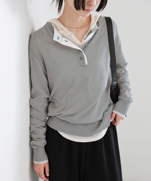 セール】フェイクレイヤードヘンリーネックシアートップス（ニット