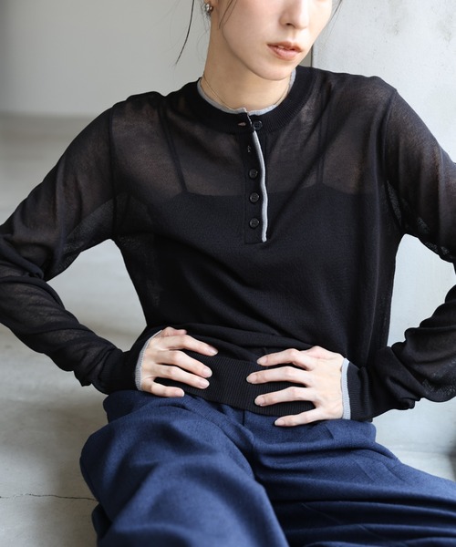 セール】フェイクレイヤードヘンリーネックシアートップス（ニット