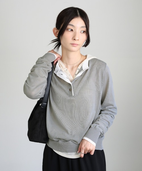 セール】フェイクレイヤードヘンリーネックシアートップス（ニット