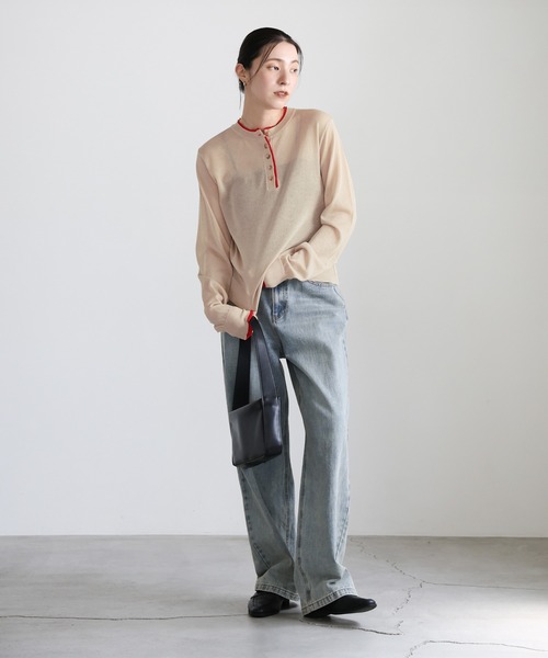 セール】フェイクレイヤードヘンリーネックシアートップス（ニット