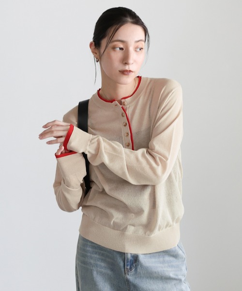 セール】フェイクレイヤードヘンリーネックシアートップス（ニット