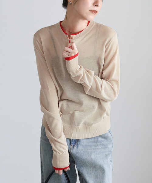セール】フェイクレイヤードヘンリーネックシアートップス（ニット