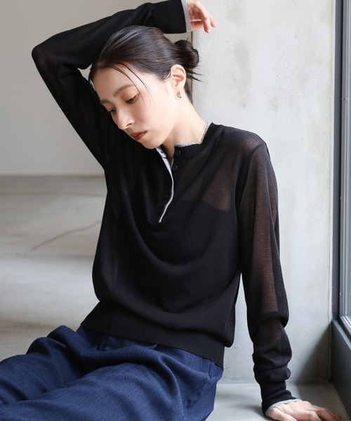 セール】フェイクレイヤードヘンリーネックシアートップス（ニット