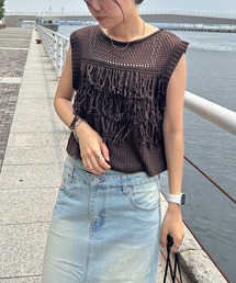ISOOK | 【ISOOK / アイスー】ループフリンジニットベスト / サマーニット ビスチェ ニットタンク 綿タッチ クルーネック ノースリーブ タンクトップ クロップド丈 ショート丈 短丈 レイヤード 夏 アイボリー ホワイト ブラウン ブラック 白 茶 黒 ZOZOTOWN限定(タンクトップ)