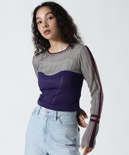 AULA AILA(アウラアイラ)の「AULA AILA/アウラアイラ/BARE TOP SHEER RIB KNIT/ベアトップシアーリブニット(ニット/セーター・レディース・グレー/ブラック・0)」の3枚目の写真