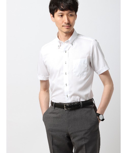SUIT SQUARE(スーツスクエア)の「WEB限定 半袖ワイシャツ ボタンダウンカラー COOL MAX ノンアイロン(ビジネスシャツ・メンズ・ホワイト系/グレー系/ブルー系2/ブルー系1・S/M/L/LL/3L)」の2枚目の写真