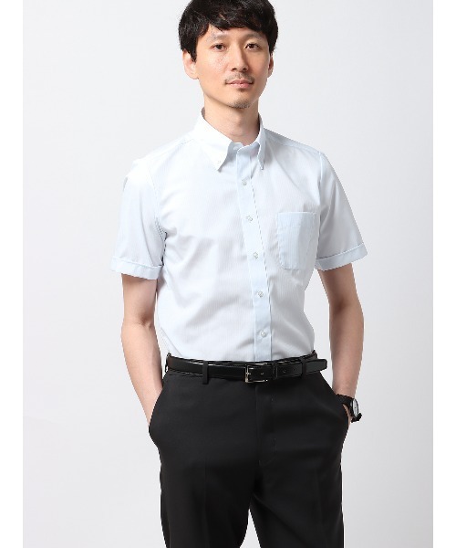SUIT SQUARE(スーツスクエア)の「WEB限定 半袖ワイシャツ ボタンダウンカラー COOL MAX ノンアイロン(ビジネスシャツ・メンズ・ホワイト系/グレー系/ブルー系2/ブルー系1・S/M/L/LL/3L)」の1枚目の写真