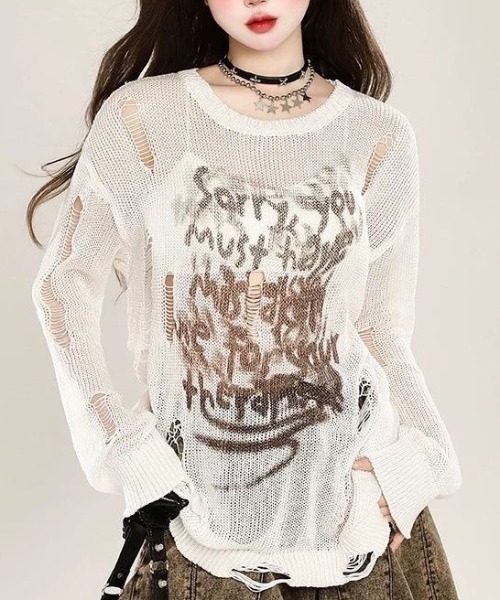 MONO8(モノハチ)の「クラッシュメッシュロングニットトップス(Tシャツ/カットソー・レディース・オフホワイト/グレー/ブラック・M)」の2枚目の写真