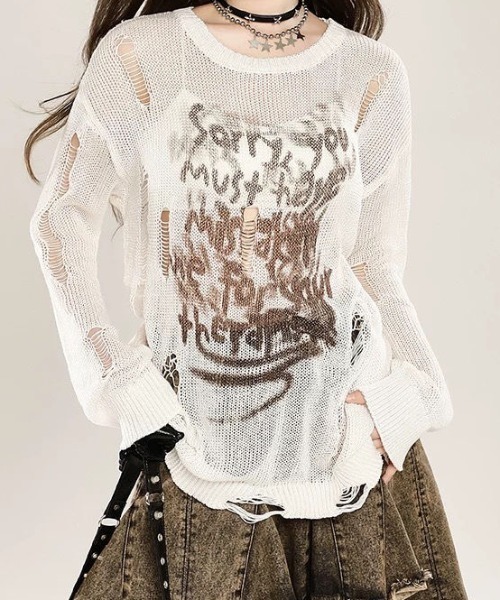 MONO8(モノハチ)の「クラッシュメッシュロングニットトップス(Tシャツ/カットソー・レディース・オフホワイト/グレー/ブラック・M)」の8枚目の写真