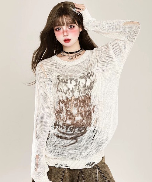 MONO8(モノハチ)の「クラッシュメッシュロングニットトップス(Tシャツ/カットソー・レディース・オフホワイト/グレー/ブラック・M)」の7枚目の写真