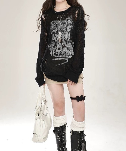 MONO8(モノハチ)の「クラッシュメッシュロングニットトップス(Tシャツ/カットソー・レディース・オフホワイト/グレー/ブラック・M)」の11枚目の写真