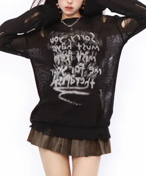 MONO8(モノハチ)の「クラッシュメッシュロングニットトップス(Tシャツ/カットソー・レディース・オフホワイト/グレー/ブラック・M)」の12枚目の写真