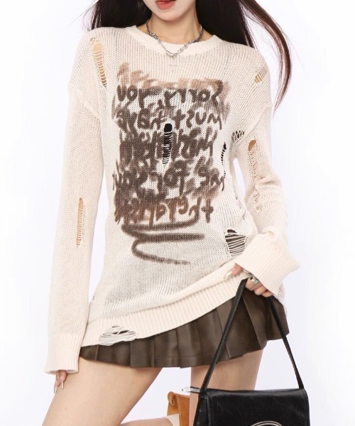 MONO8(モノハチ)の「クラッシュメッシュロングニットトップス(Tシャツ/カットソー・レディース・オフホワイト/グレー/ブラック・M)」の13枚目の写真