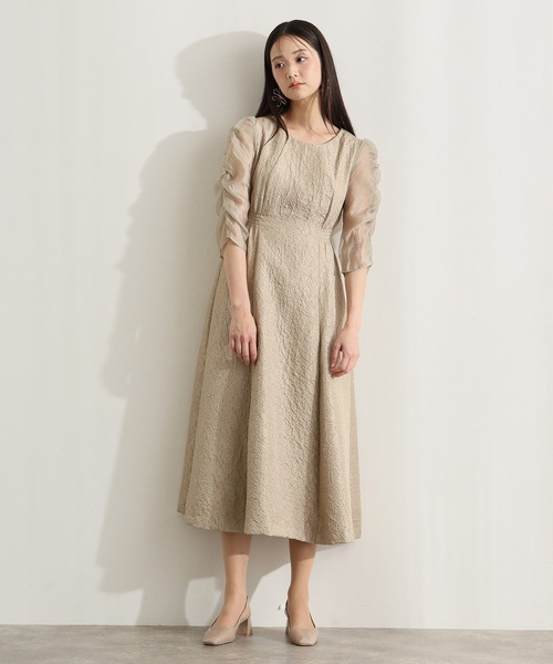 セール】袖ギャザージャガードフレアスカートウエストゴムパーティー