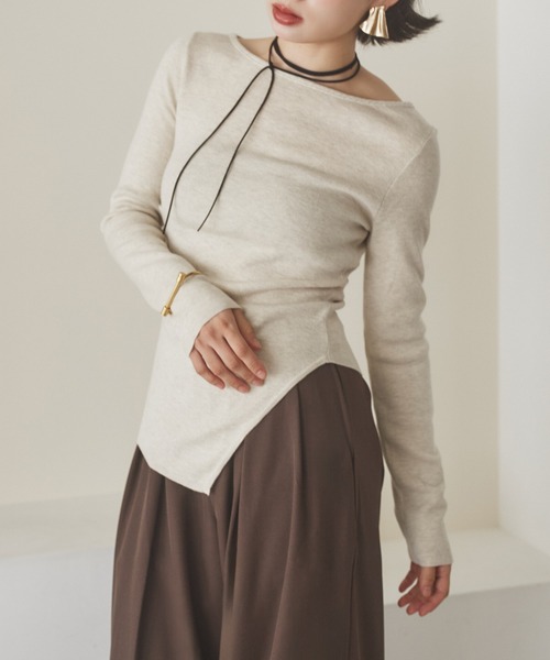 LAULEN（ローレン）の「asymmetry hem rib knit /アシンメトリーヘムリブニット（ニット/セーター・レディース・ブラウン/オートミール/チャコールグレー/ブラック・FREE）」の7枚目の写真