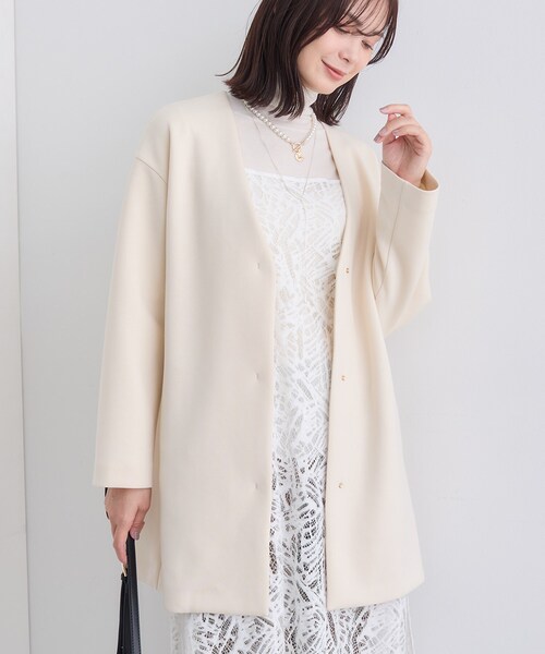 セール】【秋／軽羽織り】ノーカラーミドル丈ライトコート（ノーカラー