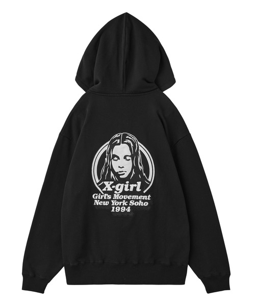 エックスガールの黒いパーカー MESSAGE AND FACE ZIP UP SWEAT HOODIE（パーカー）｜X-girl（エックス