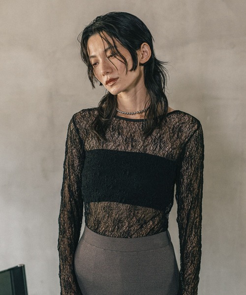 LEPSIM(レプシィム)の「《オフィスライン》レースクルー長袖プルオーバー 587917(Tシャツ/カットソー・レディース・オフホワイト/ブラック・FREE)」の15枚目の写真