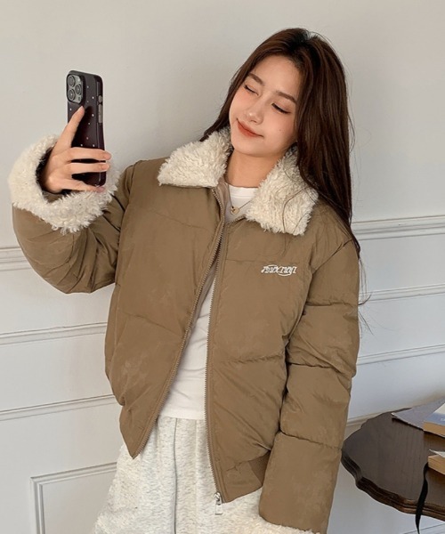 セール】衿＆袖ボア ワンポイント エコダウンジャケット（ダウン