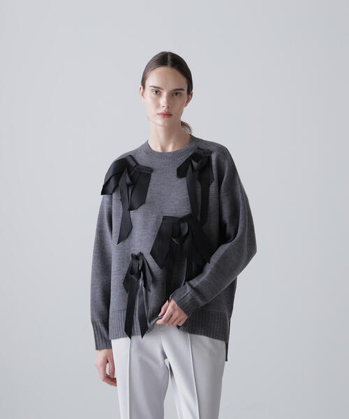 アドーア リボン付きグレーニットセーター ✨アドーア✨グレーセーター✨38 リボンニット（ニット/セーター