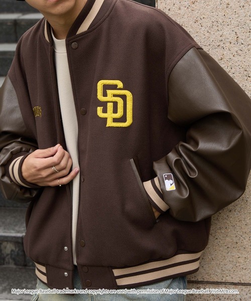 MLB（メジャーリーグベースボール）の「MLB/メジャーリーグベースボール 別注 ワッペン刺繍 配色ライン メルトンスタジャン（スタジャン・メンズ・ネイビー/ブラック/ダークブラウン・L/M）」の7枚目の写真