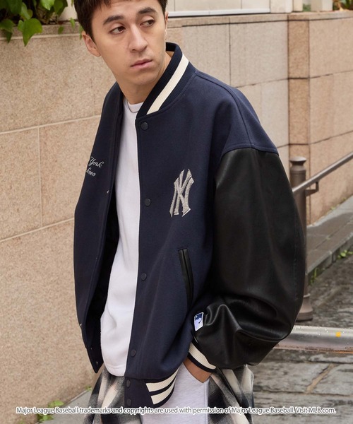 MLB（メジャーリーグベースボール）の「MLB/メジャーリーグベースボール 別注 ワッペン刺繍 配色ライン メルトンスタジャン（スタジャン・メンズ・ネイビー/ブラック/ダークブラウン・L/M）」の19枚目の写真