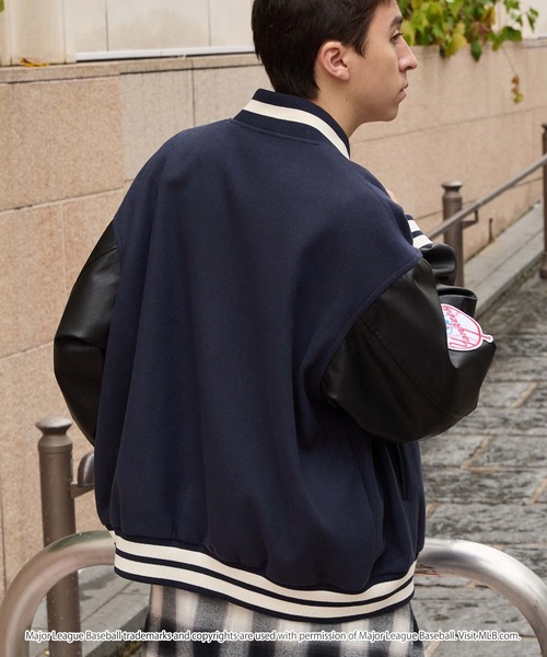 MLB（メジャーリーグベースボール）の「MLB/メジャーリーグベースボール 別注 ワッペン刺繍 配色ライン メルトンスタジャン（スタジャン・メンズ・ネイビー/ブラック/ダークブラウン・L/M）」の22枚目の写真