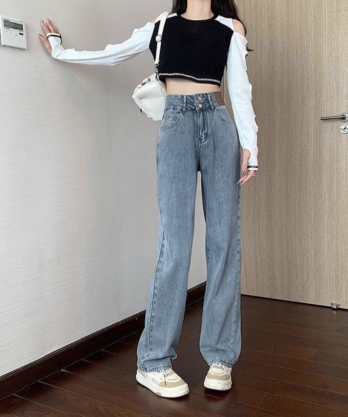 Miniministore(ミニミニストア)の「ハイウエスト デニムパンツ ダブルボタン(デニムパンツ・レディース・ブルー/ブラック/ブルーグレー/サックスブルー・XL/M/L/S)」の4枚目の写真