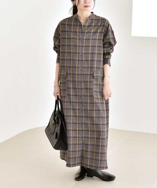 セール】quaranciel: バンドカラー ライン チェック ポケット シャツ