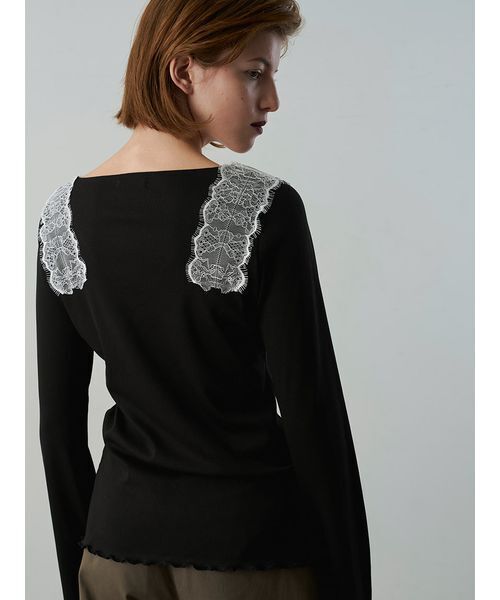 Henon.(ヘノン)の「レースVネックカットトップス(Tシャツ/カットソー・レディース・チャコールグレー/ブラック/オフホワイト/ブラウン/マルチ・F)」の20枚目の写真