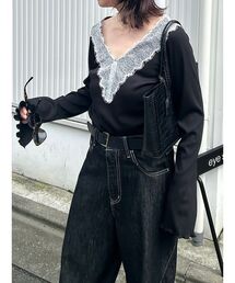Henon.（ヘノン）の「レースVネックカットトップス（Tシャツ/カットソー）」