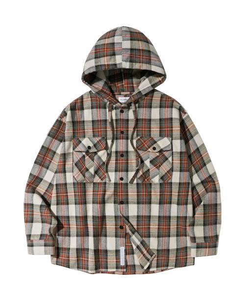 F.ILLUMINATE(フィルミネイト)の「クロスチェックフードシャツ-オレンジ(シャツ/ブラウス・レディース・その他・LARGE/SMALL/MEDIUM)」の1枚目の写真