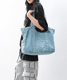 BY THE BAY（バイザベイ）の「トートバッグ/ヴィンテージライクデニムバッグ ユーズド加工 ポケット付き カジュアル 古着風 韓国ファッション（トートバッグ）」