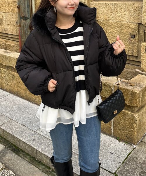 セール】ボリュームファーフード中綿ブルゾン（ダウンジャケット