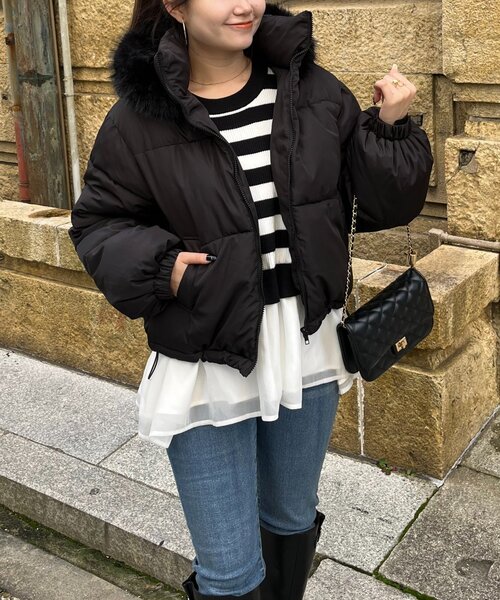 美品【肉厚】ポロジーンズ　ダウンコートM 黒　フード　ドローコード　内リブ miffew（ミフュー） [G] ロフトラボ The LOFT LABO フーデッドロング