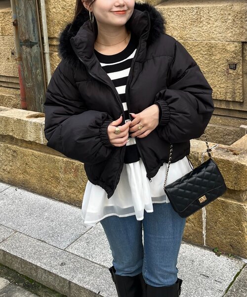 セール】ボリュームファーフード中綿ブルゾン（ダウンジャケット