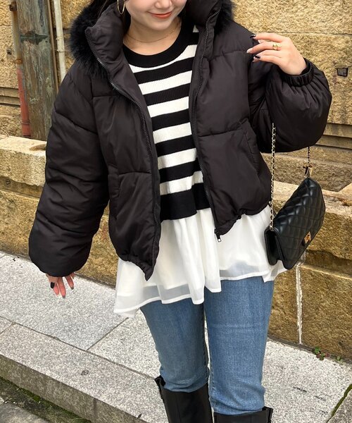 セール】ボリュームファーフード中綿ブルゾン（ダウンジャケット