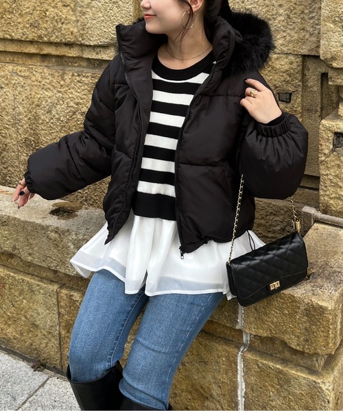 セール】ボリュームファーフード中綿ブルゾン（ダウンジャケット